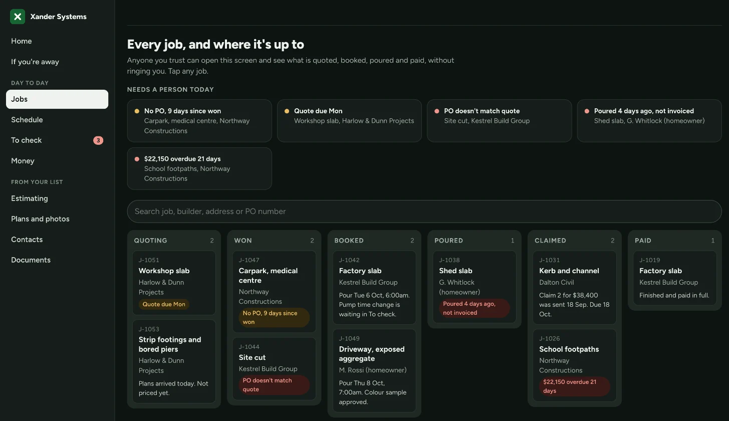 The jobs board in six columns from quoting to paid, with the jobs that need a person today across the top.