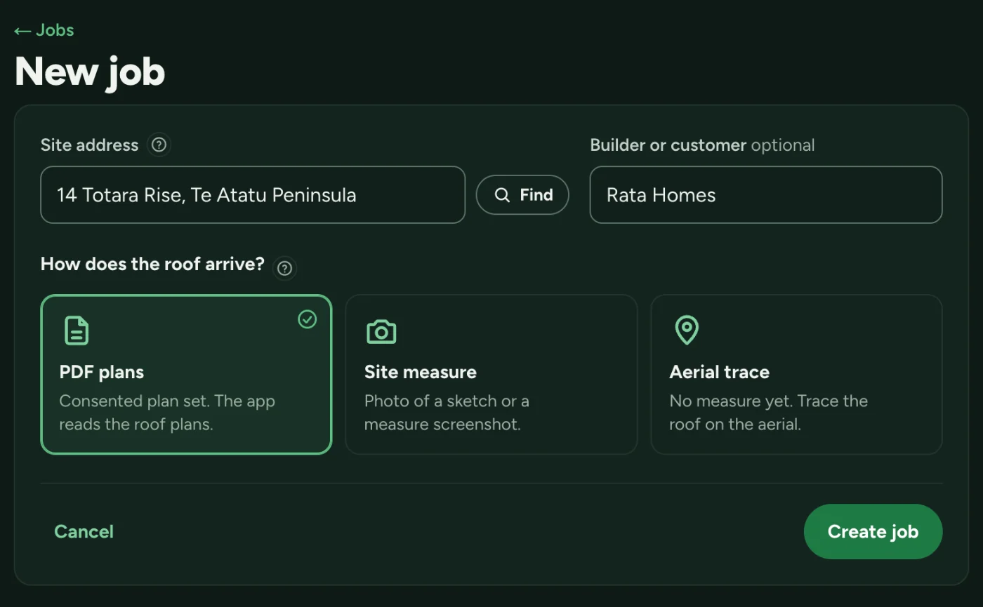 Starting a job: the site address, the builder, and a choice of PDF plans, a site measure photo or an aerial trace.